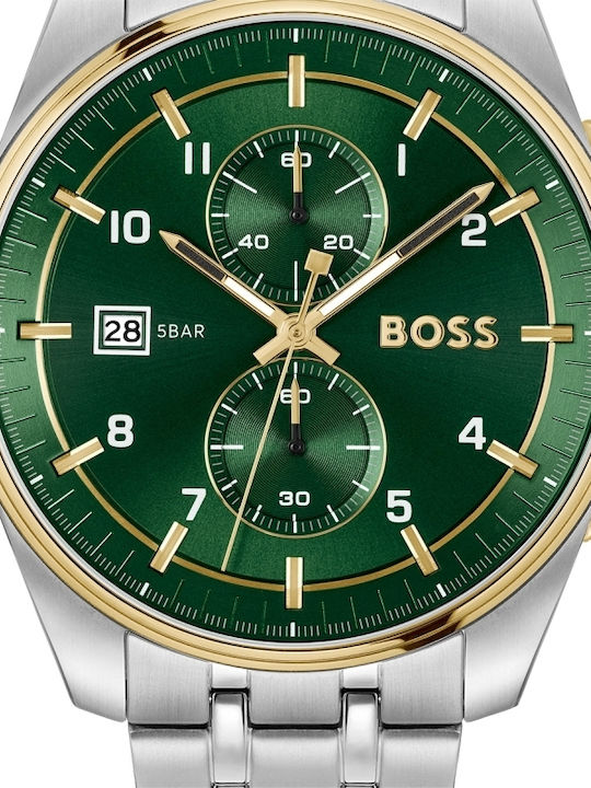 Boss Skytraveller Ανδρικό Ρολόι 44mm Χρονογράφος Μπαταρίας με Ασημί Μεταλλικό Μπρασελέ