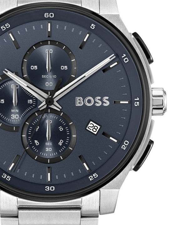 Boss Peak Ανδρικό Ρολόι 45mm Χρονογράφος Μπαταρίας με Ασημί Μεταλλικό Μπρασελέ