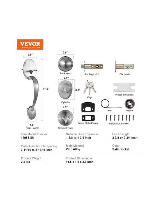 Set de Mâner și Încuietoare pentru Ușă Vevor Satin Nickel Xnsbdmndshxlgyj8mv0
