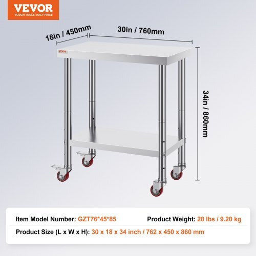 Vevor Stainless Steel Workbench 30x18" Wheels Kitchen Cfgzt30x18x34yc01v0