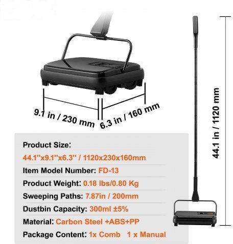 Vevor Manual Carpet Sweeper 20 cm Sweeping Width 300 ml Bin Cleans Dust & Pet Hair Gsqsqbddbdd11gaydv0
