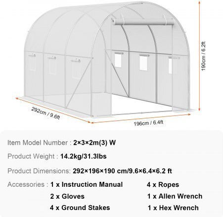 Vevor SDXWS10X7X7F4BYNQV0 Greenhouse Tunnel 2.9x2x1.9m