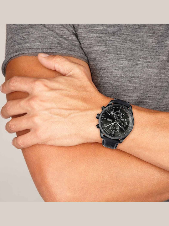 Boss Grand Prix Chrono Herrenuhr 44mm Chronograph Batterie mit Schwarz Lederarmband