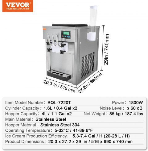 Vevor Mașină de înghețată comercială Înghețată 1.8kW 0.3cm. TMSRBQLJAJWSYC2RIV2