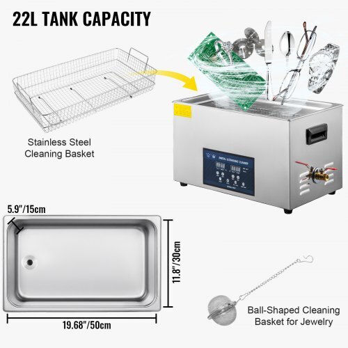 Vevor Curățător Ultrasonic 22lt Inox Cu Temporizator Digital
