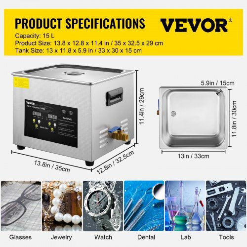 Vevor Καθαριστής Υπερήχων 15lt με Ψηφιακό Χρονοδιακόπτη