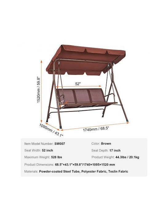 Leagăn de verandă Vevor cu 3 locuri, cu copertină reglabilă, maro Tjqq68inx44ivddhlv0