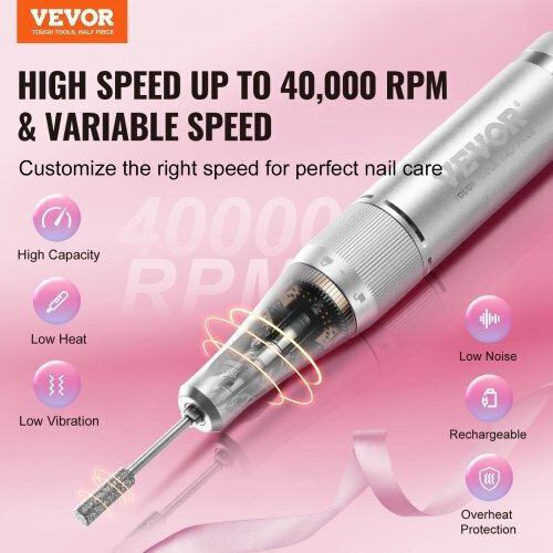 Vevor Τροχός Νυχιών Ρεύματος 10W Λευκός με 40000 Στροφές ανά Λεπτό