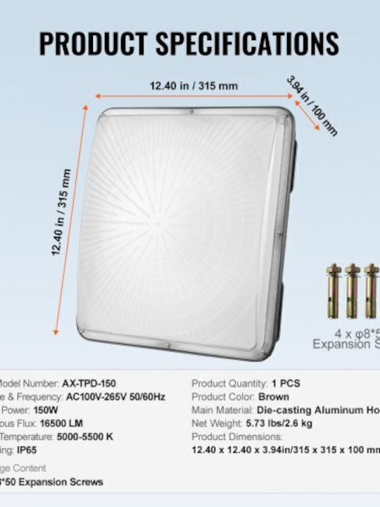 Vevor Стенно Външно Осветително Тяло LED IP65 150W с Студено бяло Светлина
