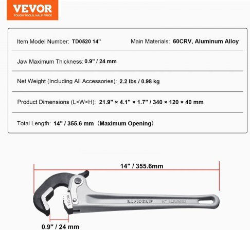 Vevor French Wrench with Adjustable Opening 14mm 355.6mm