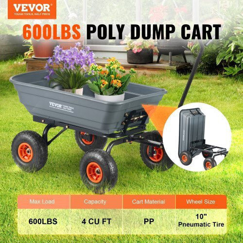 Dump Cart Garden Cart Plastic Four-wheel with Maximum Load Weight 272kg 25.5x25.5cm.