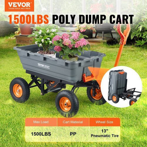 Dump Cart Garden Cart Plastic Four-wheel with Maximum Load Weight 680kg