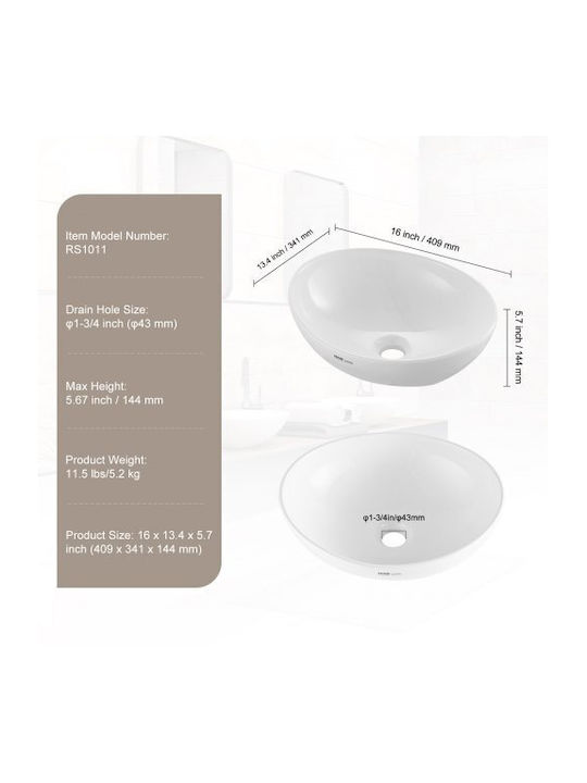 Vevor Aufgesetztes Waschbecken Keramik 40.64x34.036cm White