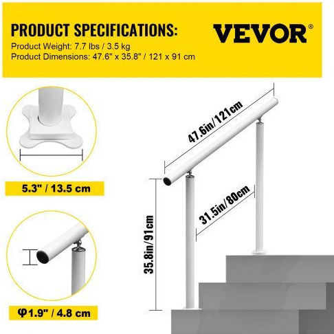 Vevor 4ft Adjustable White Aluminum Outdoor Stair Handrail Lzltfs4ycygbsdlz1v0