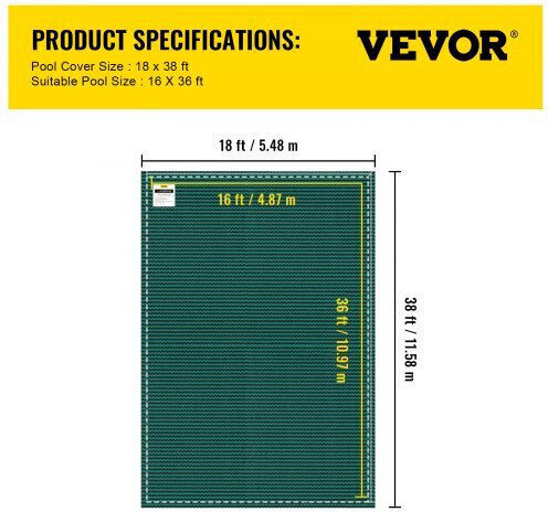 Prelată de siguranță pentru piscină Vevor 18x38ft 16x36ft Piscină Yycm16x36ftycg001v0