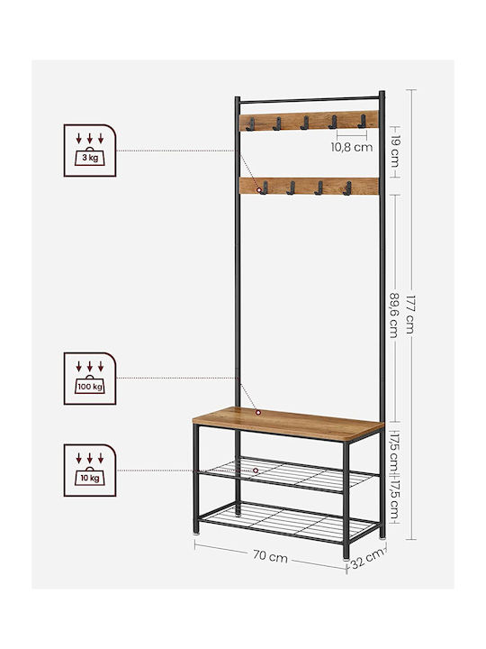Entry Furniture with Hanger / Shoe Rack / Wardrobe & Bench Walnut and Black 32x70x177cm