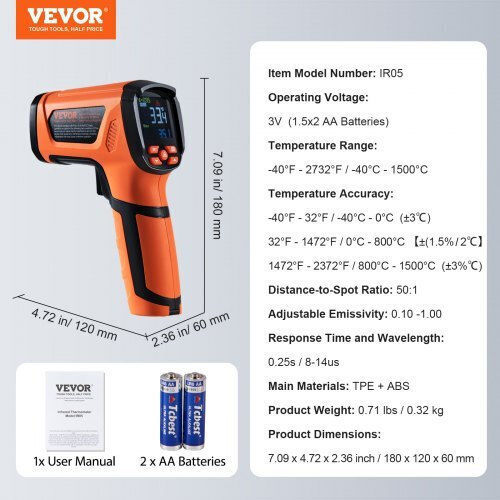 Vevor Infrared Thermometer 0°C to 40°C with Distance Ratio 50:1 HWCWYSZBG5002W23QV9