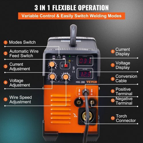 Vevor Welding Machine Inverter MIG / TIG / MMA with Maximum Welding Current 200A and Duty Cycle 85%