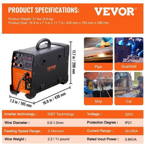 Vevor Ηλεκτροκόλληση Inverter MIG / TIG / MMA / FCAW με Μέγιστο Ρεύμα Συγκόλλησης 250A