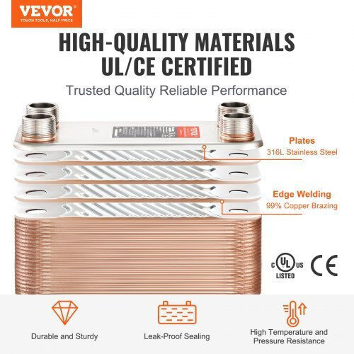 Vevor Εναλλάκτης Θερμότητας 100 Πλακών 4*1-1/4" Mnpt 5"x12" Ανοξείδωτο 316l Qhbshrq51210ih0z3v0