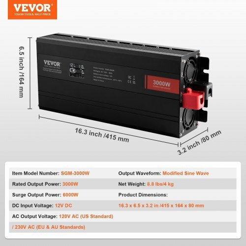 Vevor модифициран синусоидален инвертор 3000W DC12V AC230V LCD екран CE FCC XZXNBQ3000WX61GMMV2