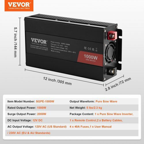 Vevor Καθαρός Ημιτονοειδής Μετατροπέας 1000w Dc12v Ac230v Τηλεχειριστήριο Ce Fcc Czxnbq1000wcilwt2v2
