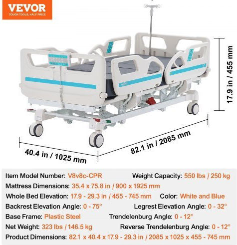 Vevor Elektrisch Polyeder Krankenhausbett mit Matratze QDDKLBBXGKJPN99LKV2