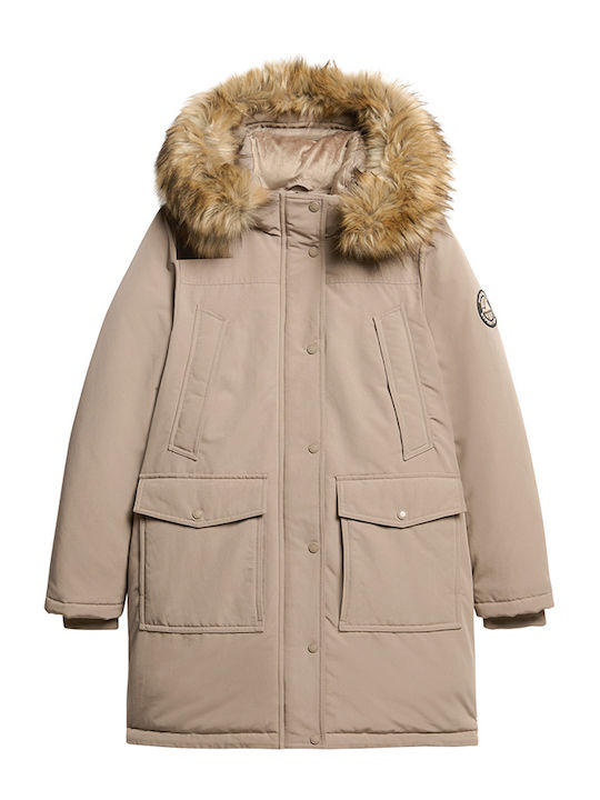 D3 Ovin Everest Faux Women's Long Parka Jacket for Winter Beige