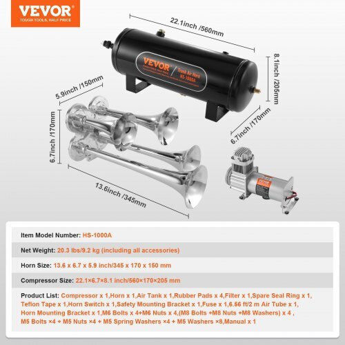 Vevor Train Horn Set 4 Trumpets Air Compressor 160 Psi Tank 2.6 Gal Qlbycqgtz12vb362gv9