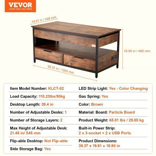 Rectangular Central Coffee Table Wooden with Lifting Mechanism Brown M100xW49.8xH48cm