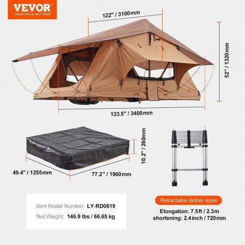 Vevor Σκηνή Camping Αυτοκινήτου Φουσκωτή Μπεζ 3 Εποχών για 3 Άτομα για Jeep SUV Φορτηγό με Σκάλα