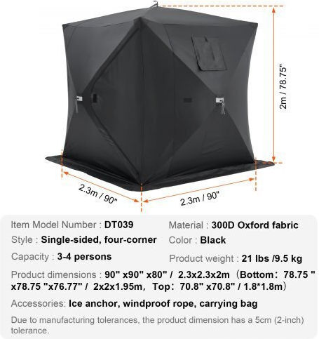 Vevor Fishing Tent Camping Tent Pop Up Black for 4 People 230x230x200cm Fishing Tent