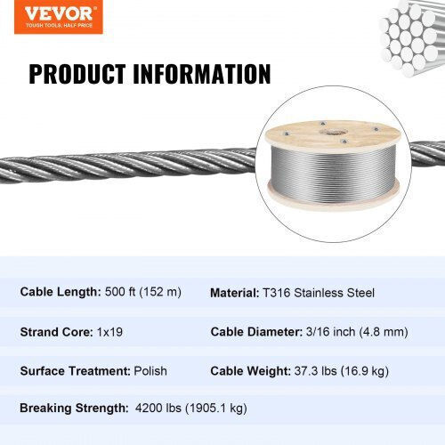 Vevor Stainless Steel Wire Rope 316 500ft 3/16" 1x19 4700lbs Gss1x19-4.8mm152mv0