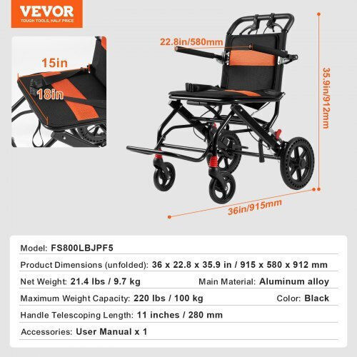 Vevor Αναπηρικό Αμαξίδιο 18" Πτυσσόμενο 91.5cm FWYSLYLHJSX1TQ05XV0 Μαύρο