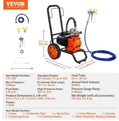 Vevor GMSGYWQPTJ11GUFKJV2 Ηλεκτρικό Πιστόλι Βαφής 1100W με Δοχείο 2lt