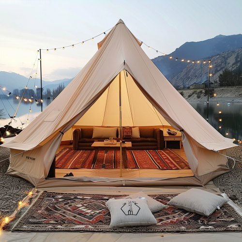 Vevor Σκηνή Camping Teepee Μπεζ 4 Εποχών για 12 Άτομα 700x700x350εκ.