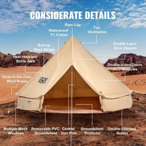 Vevor Σκηνή Camping Teepee Μπεζ 4 Εποχών για 12 Άτομα 700x700x350εκ.