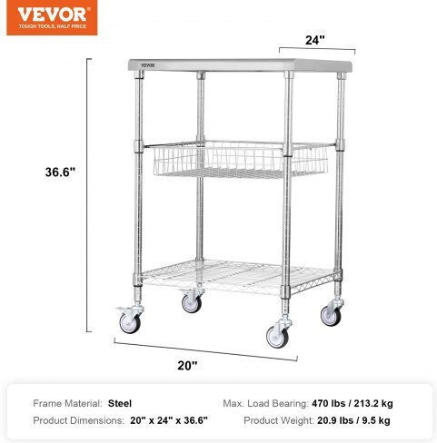 Vevor Commercial Kitchen Food Cart for Dish Baskets H92.964xW50.8xD60.96cm