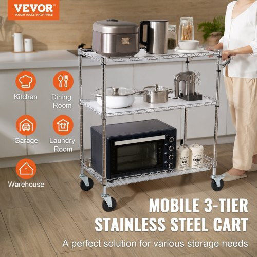 Vevor Commercial Kitchen Food Cart for Dish Baskets H90.17xW88.9xD45.72cm