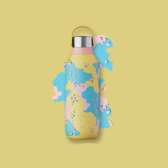 Chilly's Series 2 Bottle Thermos Stainless Steel BPA Free 500ml chillys Blue Yellow with Handle and Straw