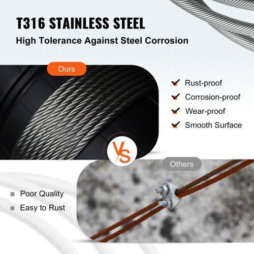 Vevor T316 Stainless Steel Cable 1/8" 7x7 500ft Railings & Balconies 316gss7x700000001v0