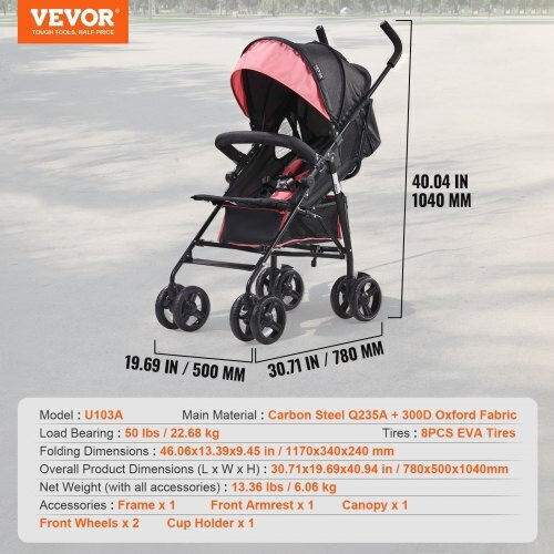 Vevor Umbrella Stroller Black/Fuchsia 14.97kg
