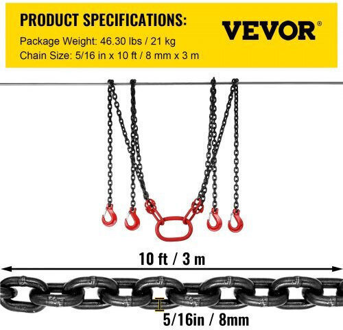 Vevor Lifting Chain 10ft 5/16" 5 Ton 4 Hooks 3msglt00000000001v0