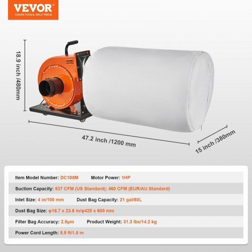 Vevor Staubsammler 1 PS 460 CFM Beutel 21 Gallonen JCQ1HPLSDTBD6SWIQV2