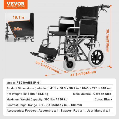 Vevor Vevor Folding Wheelchair 24 Inches 60.96cm Black
