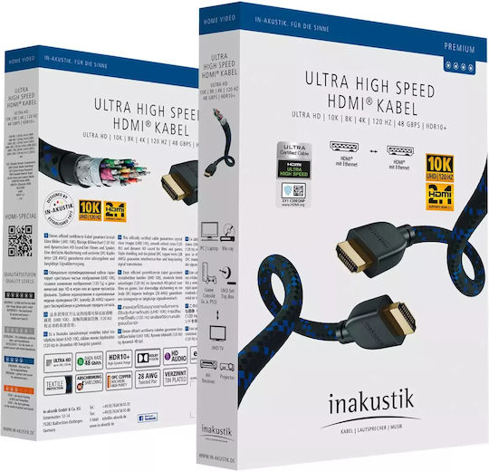 Inakustik HDMI 2.1 Ultra High Speed 48Gbps 4K 120Hz HDR VRR Cable HDMI Male - HDMI Male 3m Black
