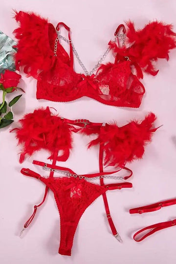 Senses Sexy Σετ Εσωρούχων με Ζαρτιέρες Κόκκινο