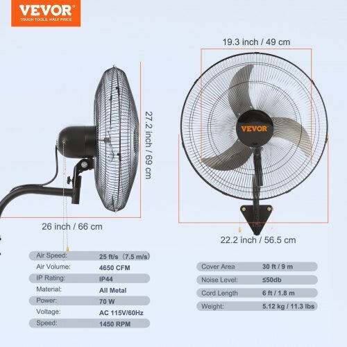 Vevor Wall Fan 70W 49cm Black