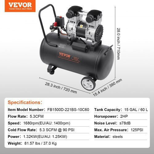 Vevor Κομπρεσέρ Αέρος 78dB με Ισχύ 2hp και Αεροφυλάκιο 60lt