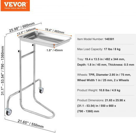 Vevor Τροχήλατο Τραπεζάκι Nursing with Adjustable Height SYSTCECKFSS2HAV26V0